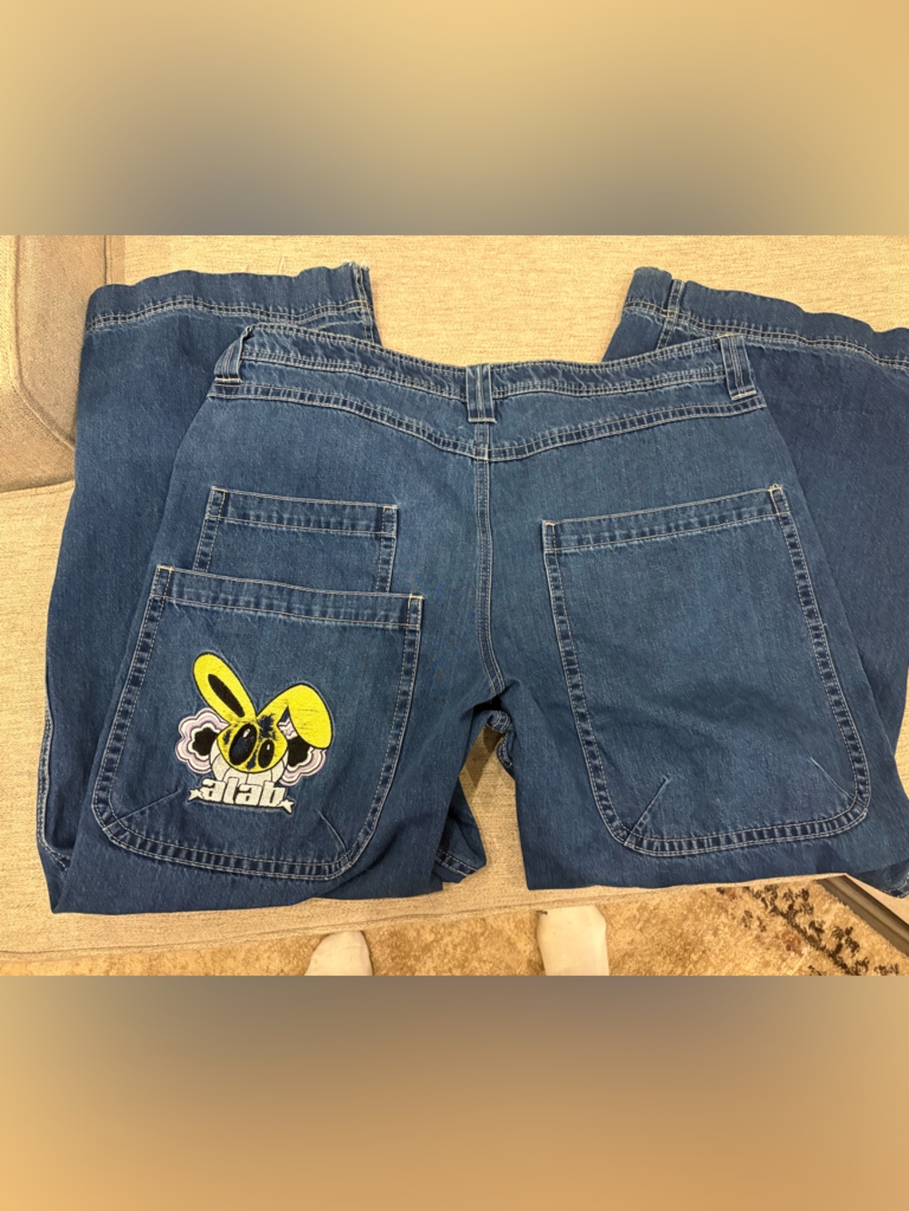 Jlab Unbranded Men's Relaxed Blue Denim Jeans with Graphic Pocket